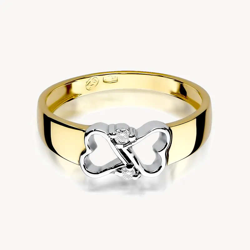 Pierścionek Zaręczynowy Glamour Żółte I Białe Złoto Serca Diamenty - obrazek 3