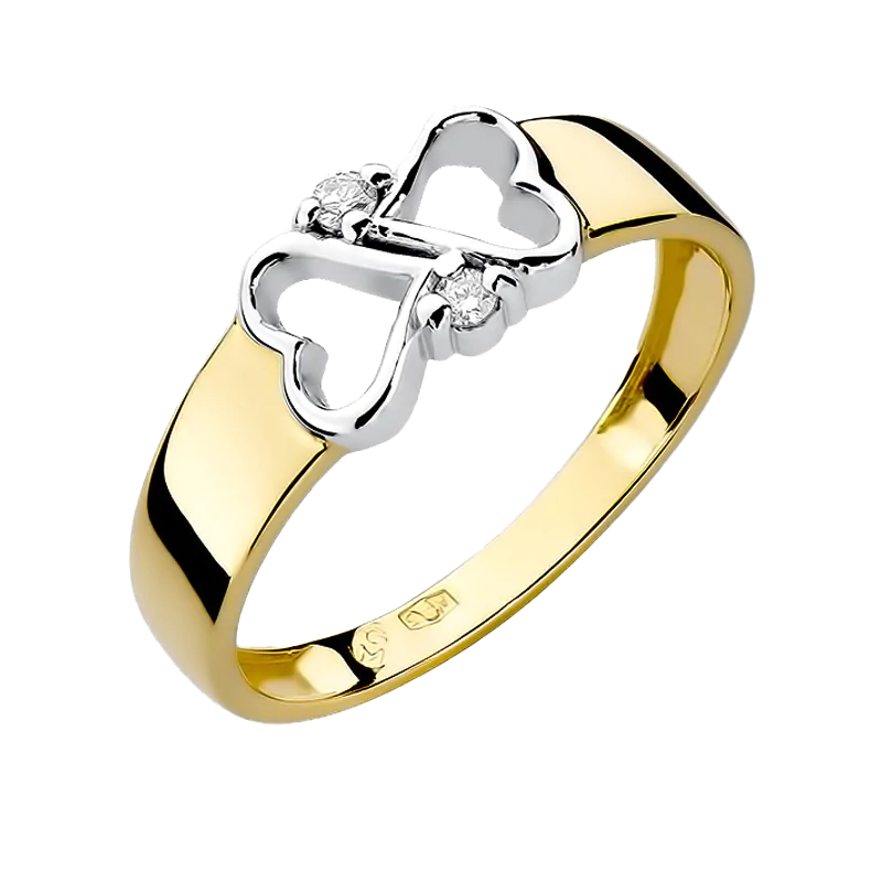 Pierścionek Zaręczynowy Glamour Żółte I Białe Złoto Serca Diamenty - obrazek 1